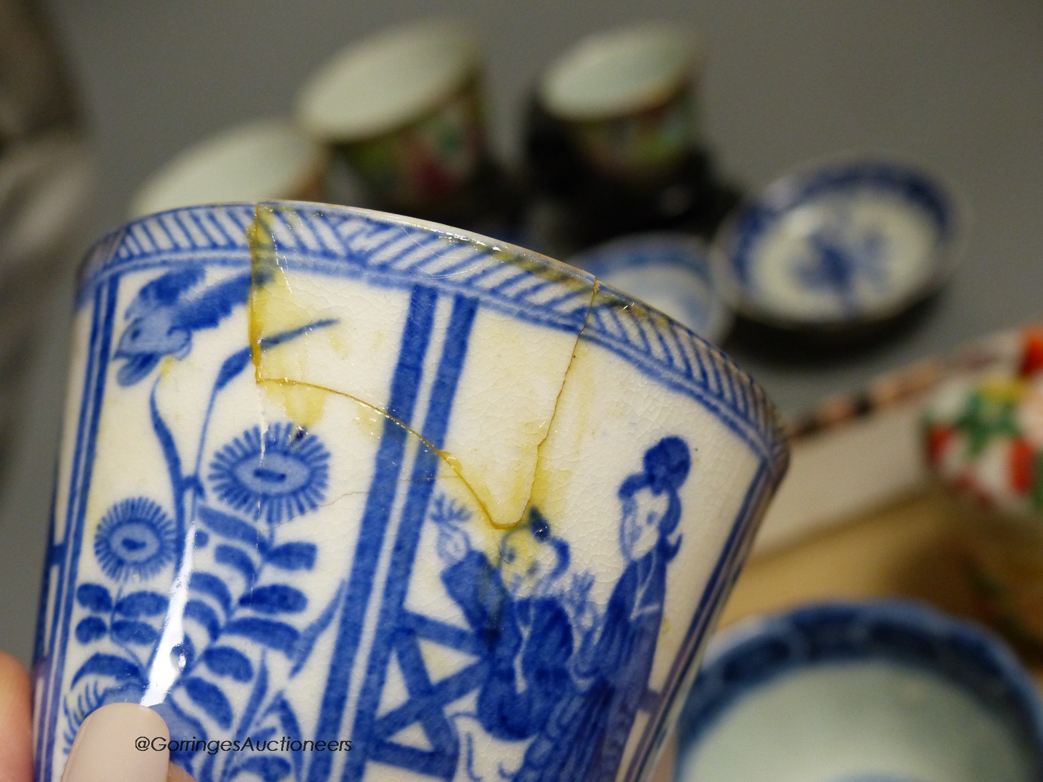 A group of Chinese porcelain tableware including teabowls and three dishes